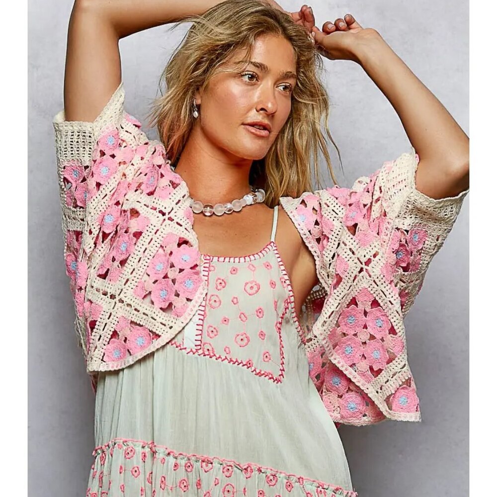 906. POL - Dolman Sleeve Varied Pattern Crochet Open Cardigan - Pink Multi